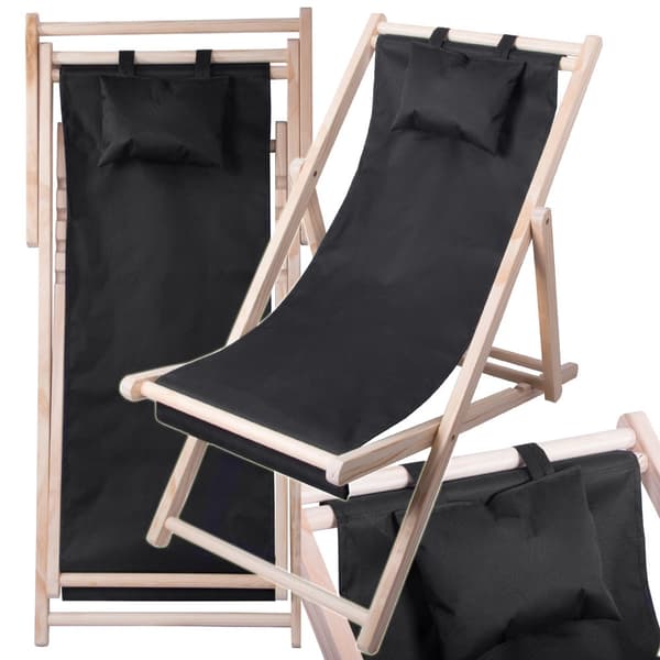 Foldbar solstol i træ med hynde og hovedpude 4 positioner 122 cm