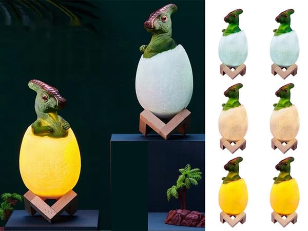 Dinosauruslamppu RGB-LED puujalustalla 7 väriasetusta, mukana virtakaapeli