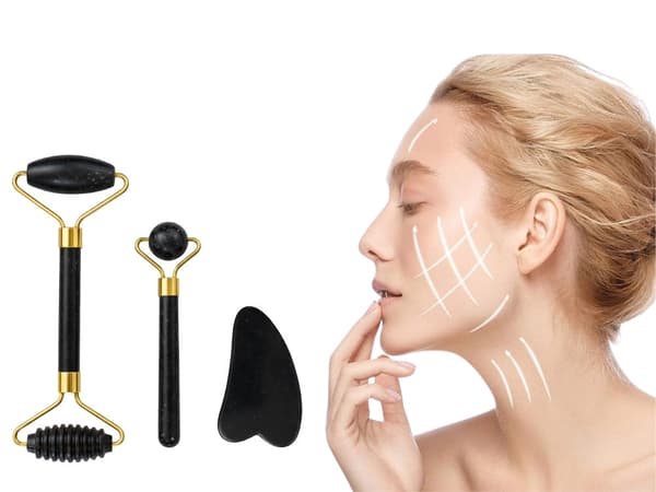 Ansigtsmassage-sæt jade 3-i-1 roller kuglemassager Gua Sha sort