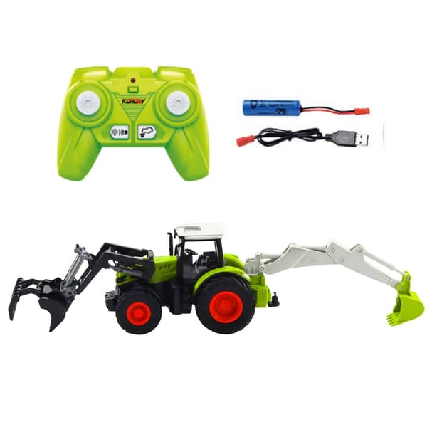 Fjernstyret traktor 1:24 med skovl & graveaggregat, 2.4GHz, USB