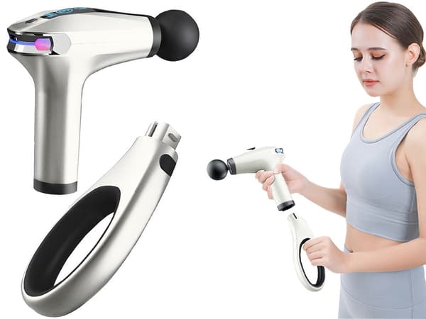 Massagepistol 30 W med 4 massagehoveder & forlængergreb hvid