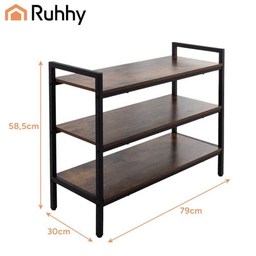 Skohylde 3 plan loftstil metal/MDF sort 79x30x58,5 cm