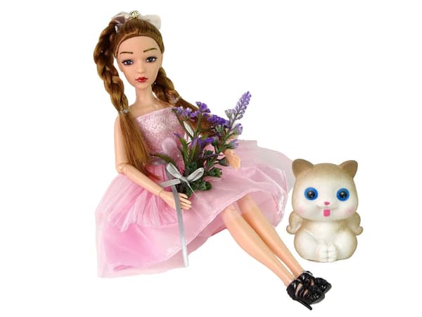 Dukke Emily 30 cm med kattekilling og blomster, bevægelige lemmer