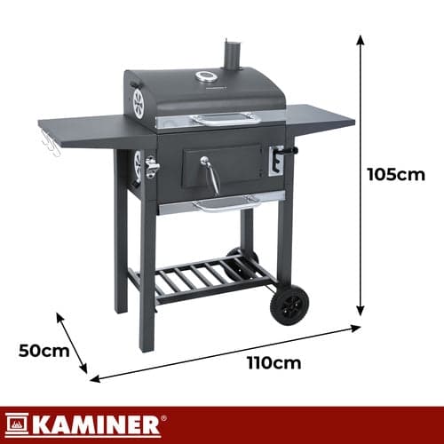 Kulgrill med låg og termometer, støbejernsrist, overtræk, sort