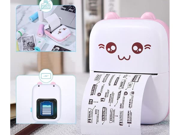 Mini termisk printer Bluetooth 57 mm rosa med papir og USB-C