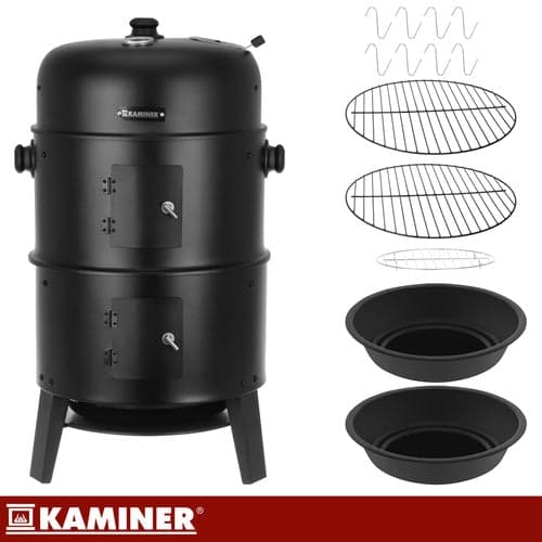 3-i-1 kulgrill med røgboks og lågtermometer 80x48x42 cm sort
