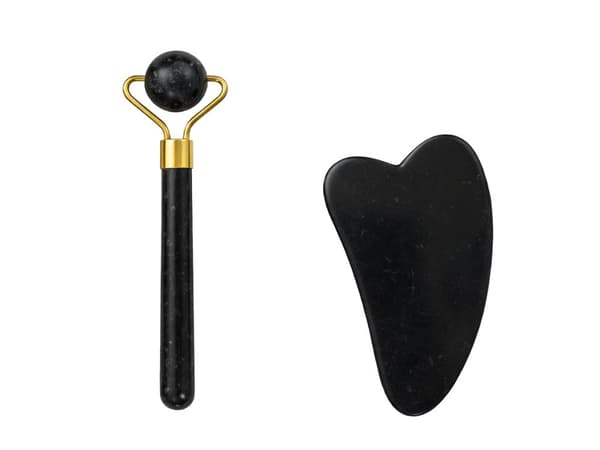 Ansigtsmassage-sæt jade 3-i-1 roller kuglemassager Gua Sha sort