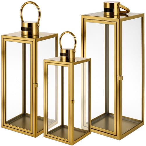 Lyktset 3-pack guld i glas/rostfritt stål för LED och värmeljus