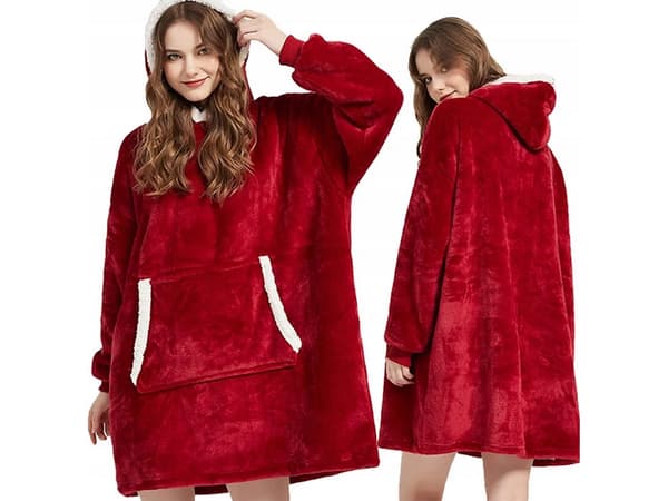 Filttrøje med hætte teddyfleece burgundy one size 85 cm