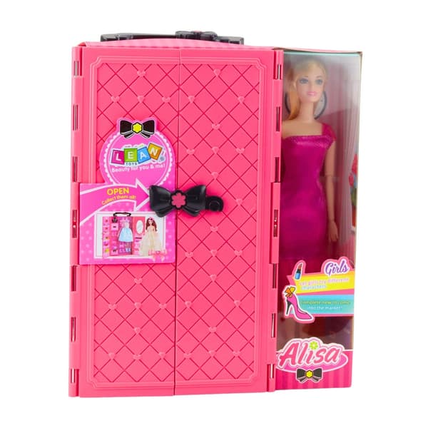 Modedukke 30 cm med rosa garderobe og tøj-/tilbehørsæt
