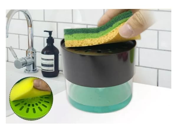 Sæbedispenser med opvaskesvamp 500 ml grøn plast 12x11 cm