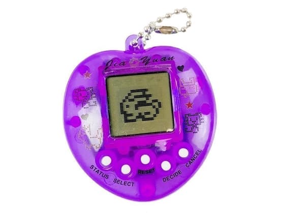 Tamagotchi elektronisk kæledyr lilla med kæde, batterier medfølger