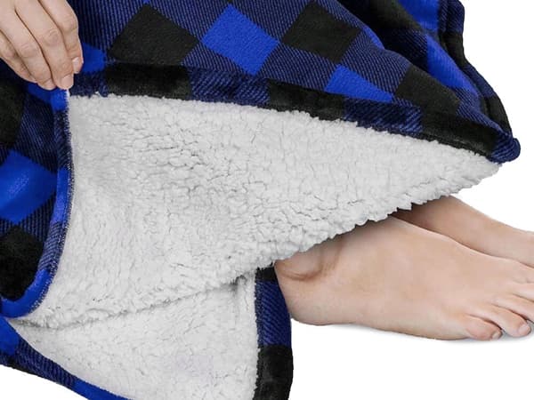 Fleecehuppari huppulla, sininen ruutukuvio, one size oversize