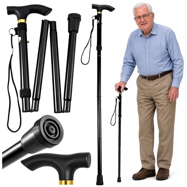 Sammenfoldelig stok i aluminium 4-delt justerbar 85-95 cm sort