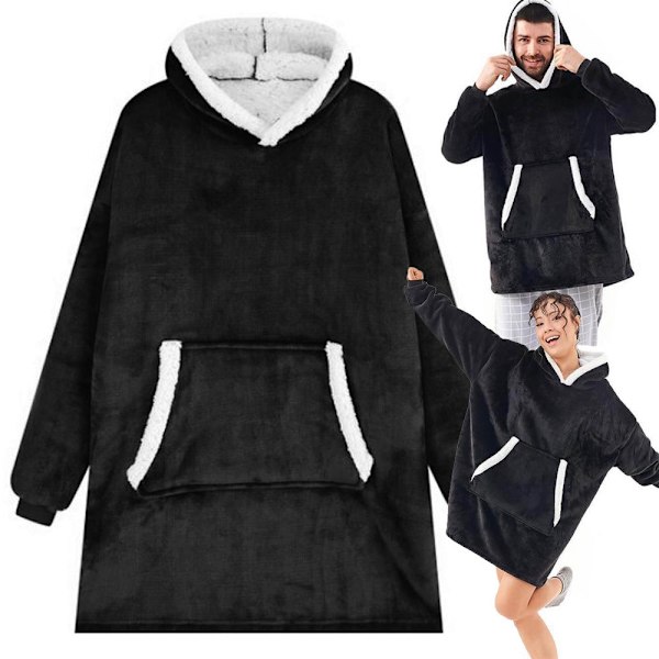 Fleecetröja med huva teddyfoder svart one size oversize XXL