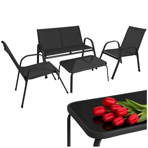 Trädgårdsmöbelset 4 delar 4-sits soffa 2 fåtöljer bord glas/stål