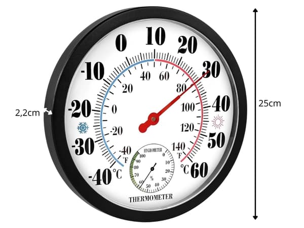 Väggtermometer med hygrometer analog 25 cm, svart, -40 till 60°C