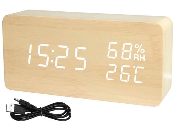 Digital väckarklocka med termometer/hygrometer 15x7 cm ljusbrun