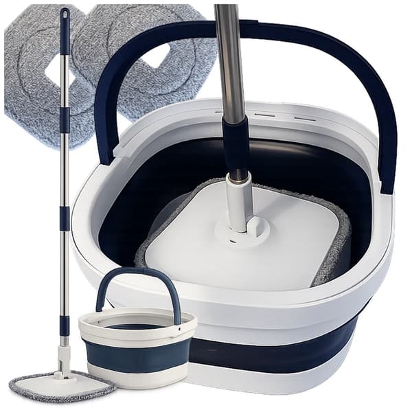 360° roterende moppe med spand, teleskopskaft 130 cm, 2 mikrofiberklude
