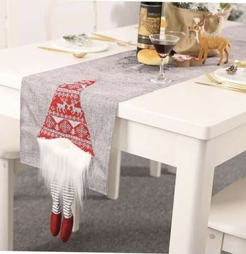 Julbordslöpare 180x33 cm polyester grå med tomtar röd/vit