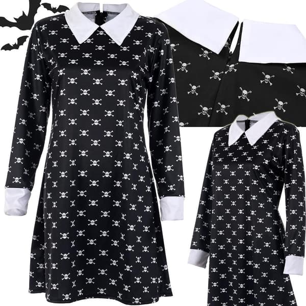 Wednesday Addams kjole børnekostume sort/hvid 115–125 cm polyester