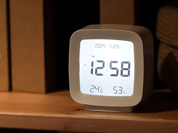 Digitalt vækkeur LCD med dato temp luftfugtighed hvid 8x8,5 cm