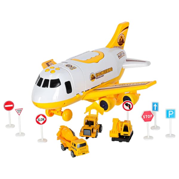 Leksaksflygplan transportör med byggmaskiner 3-pack och 7 skyltar