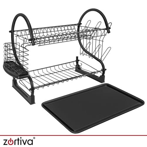Opvaskestativ 2 niveauer med drypbakke, bestik- og kopholder sort