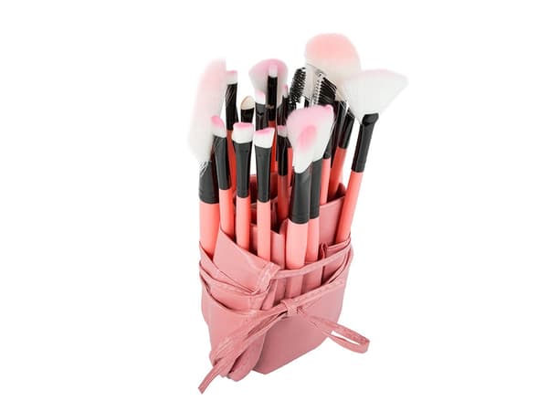 Makeuppenselsæt 24 dele syntetiske børster rosa/sort med etui
