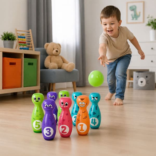 Bowling set för barn 12 delar plast, 10 käglor 13 cm + 2 bollar