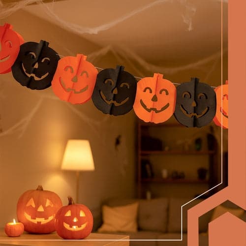 Pumpagirlande Halloween 3 m papir orange/sort, græskar 17,5 cm