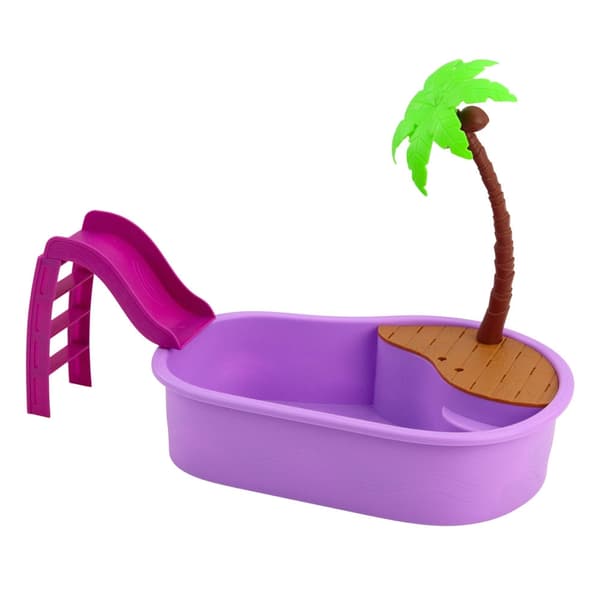 Dukke 30 cm i badedragt med pool, palmetræ, rutsjebane og tilbehør