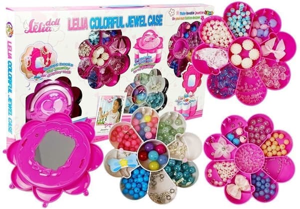 DIY smyckespärlset med spegelbox rosa/vit, ca 20 pärltyper, 3+