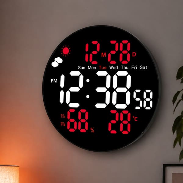Digital LED-väggklocka 25,5 cm med fjärrkontroll, temp & fukt