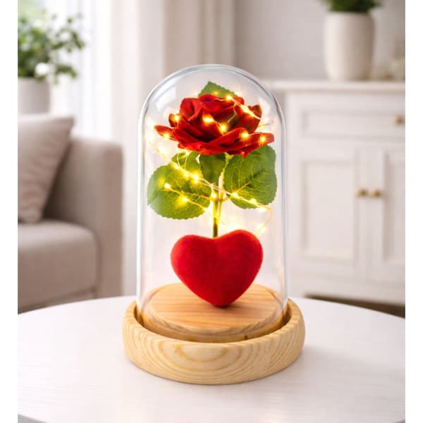 Evig rose i glaskuppel med LED-belysning 14x8 cm, batterier medfølger