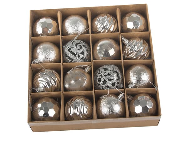 Julgranskulor plast 16-pack silver 55–65 mm mix 5 designer okrossbara