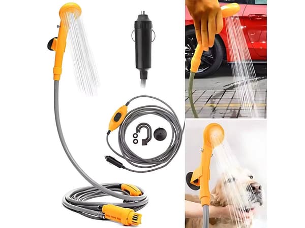 Retkisuihku 12V autoon/matkailuautoon pumpulla ja letkulla, harmaa/oranssi