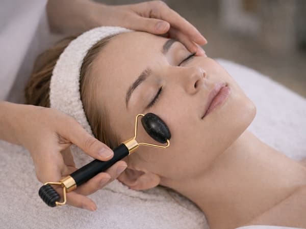 Ansiktsmassage-set jade 3-i-1 roller bollmassager Gua Sha svart