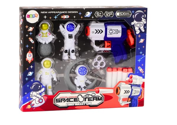 Blødt dartpistol-sæt med astronautfigurer og 5 bløde dartpile