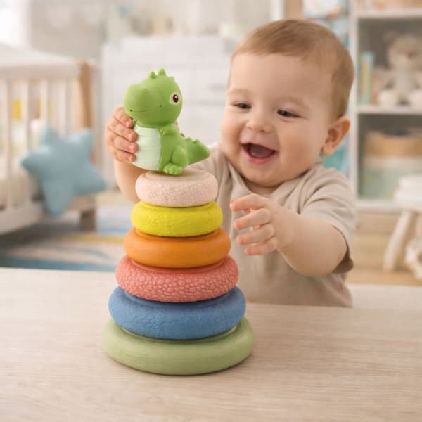 Sensorisk stapelpyramid i ECO-gummi med dinosaurie 7 delar 6+ mån