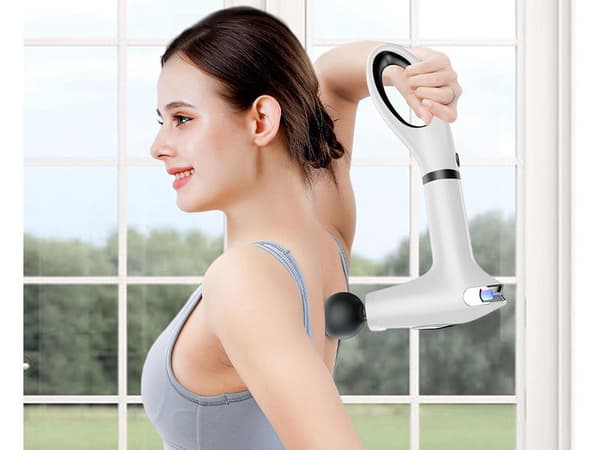 Massagepistol 30 W med 4 massagehoveder & forlængergreb hvid