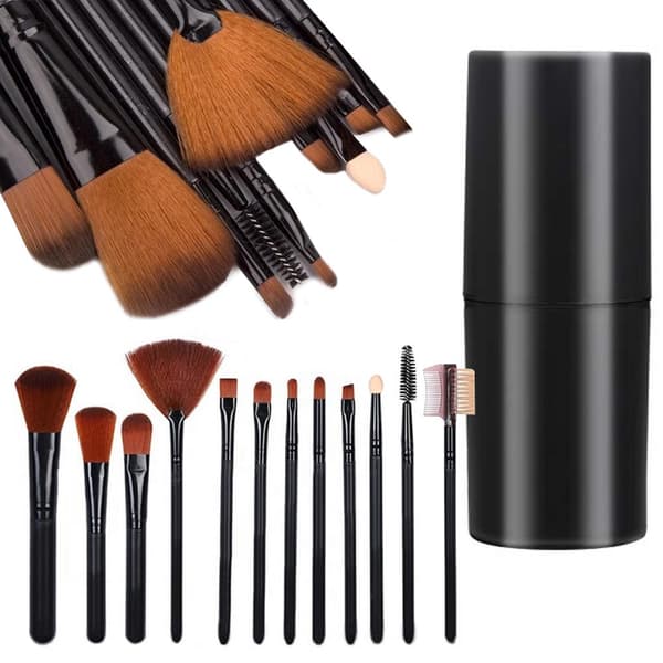 Makeupbørstesæt 12 dele med etui syntetiske børstehår sort/brun