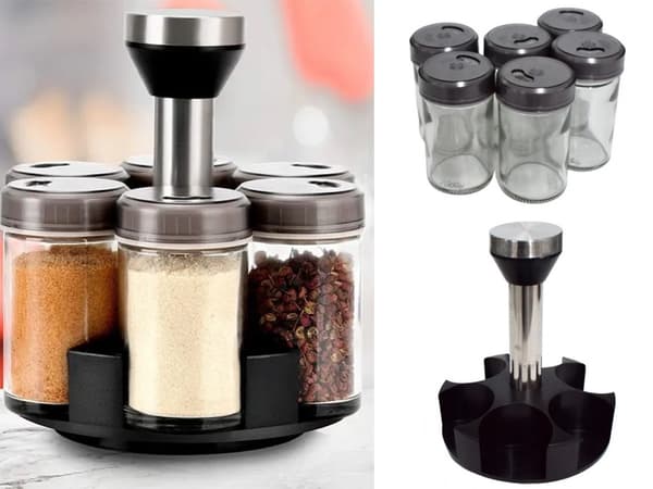 Roterande kryddställ 360° med 6 glasburkar och plastlock