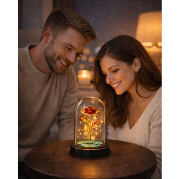 Evig röd ros i glaskupol med LED-belysning 21 cm, 3xAAA
