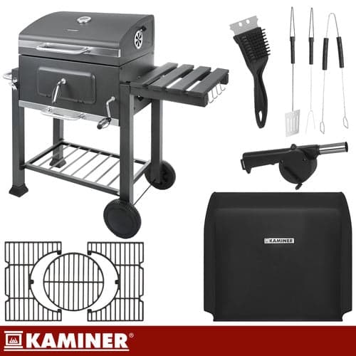 Kulgrill med låg og termometer 57x42 cm støbejernsgitter sort