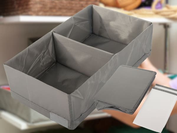 Opbevaringskasse undertøj/strømper 2 rum tekstil grå 20x34x10