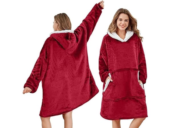 Filttrøje med hætte teddyfleece burgundy one size 85 cm