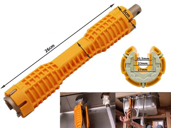Rørnøgle til blandere/vask 26 cm, plastik/stål, gul