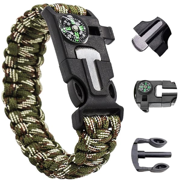 Överlevnadsarmband 5-i-1 med kompass, visselpipa, tändstål, camo