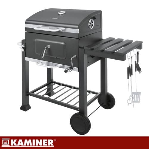 Kulgrill med låg og termometer 57x42 cm støbejernsgitter sort